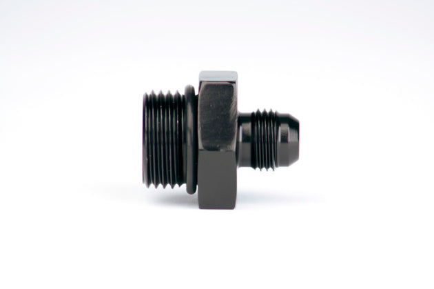 Aeromotive ORB-10 to AN-06 male flare reducer fitting showing threaded connections and smooth metal finish
