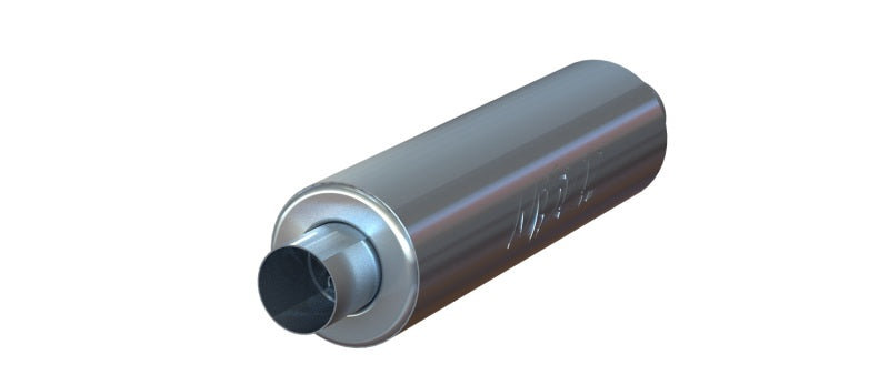 MBRP universal 3-inch ID inlet/outlet 26-inch single chamber aluminum muffler showing polished metal exterior and inlet/outlet ports