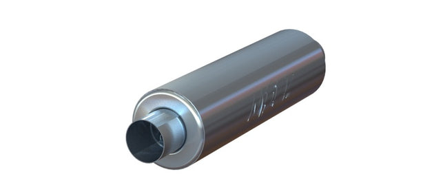MBRP universal 3-inch ID inlet/outlet 26-inch single chamber aluminum muffler showing polished metal exterior and inlet/outlet ports