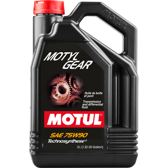 Motor oil image showing Motul Motylgear 75W90 gear oil 4x5L bottles with API GL-4/GL-5 specifications for vehicle gear lubrication