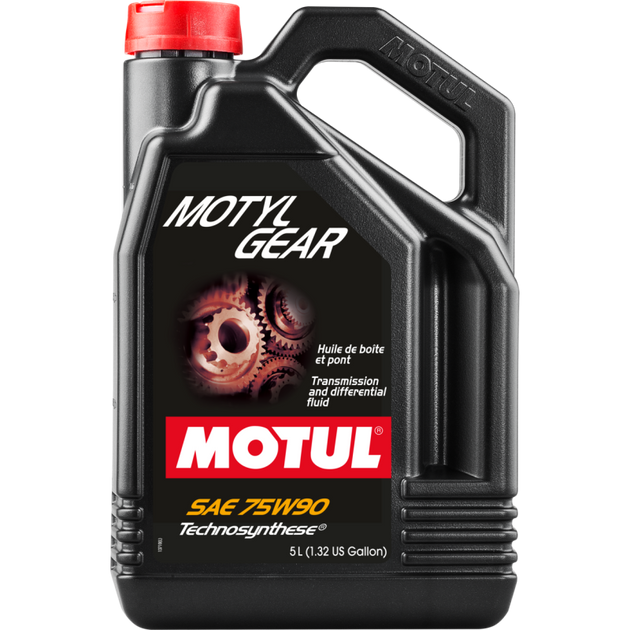 Motor oil image showing Motul Motylgear 75W90 gear oil 4x5L bottles with API GL-4/GL-5 specifications for vehicle gear lubrication