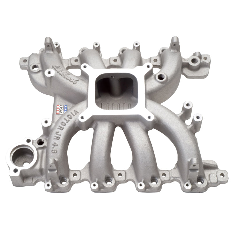 Edelbrock Victor Jr Ford EFI intake manifold for 4.6L engines, showing a close-up of the polished aluminum manifold.