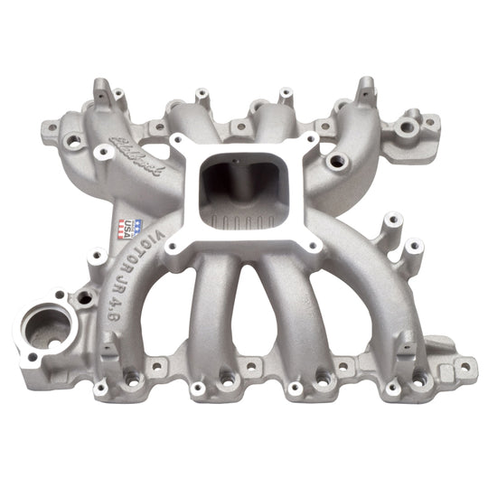 Edelbrock Victor Jr Ford EFI intake manifold for 4.6L engines, showing a close-up of the polished aluminum manifold.