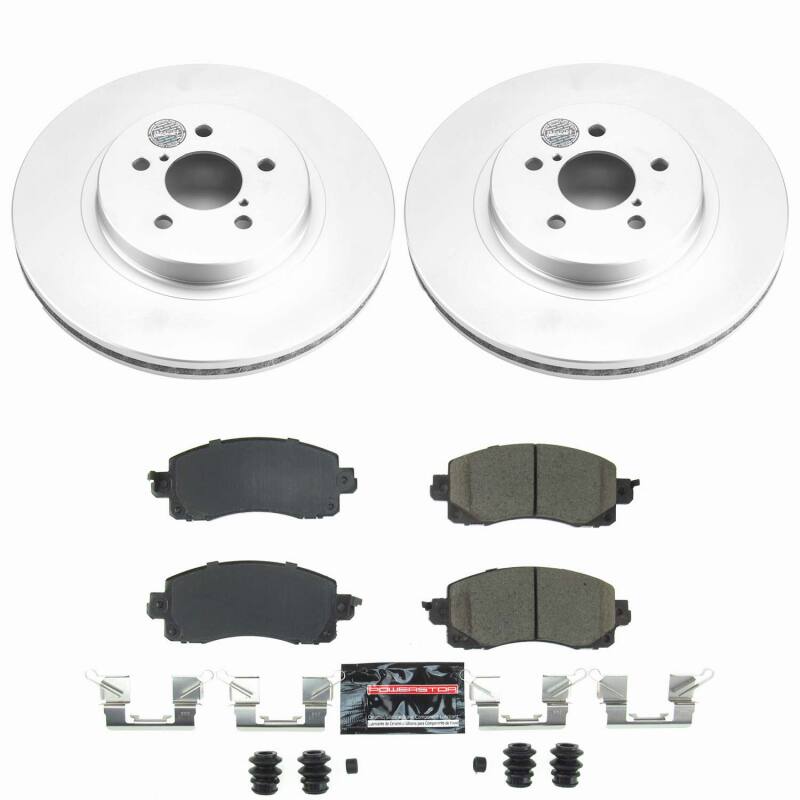 PowerStop Z23 coated brake kit installed on the front of a 2018-2023 Subaru Crosstrek, showcasing high-performance brake components.