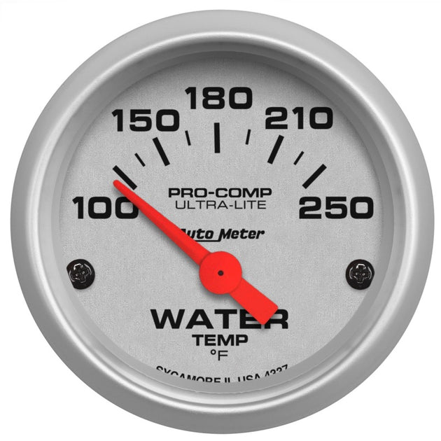 AutoMeter Ultra-Lite 52mm electric water temperature gauge showing temperature range from 100 to 250°F with a short sweep dial.