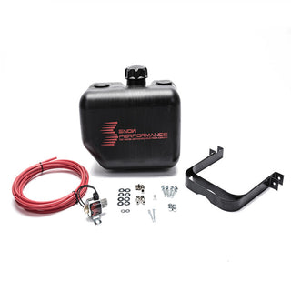Snow Performance 2.5 gallon reservoir with brackets, check valve, and tubing for vehicle cooling or performance systems.