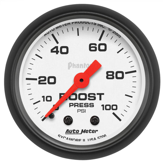 AutoMeter Phantom 2 1/16-inch 100psi mechanical boost gauge showing a clear dial with pressure readings