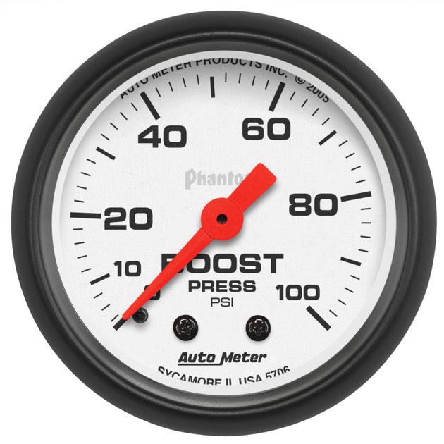 AutoMeter Phantom 2 1/16-inch 100psi mechanical boost gauge showing a clear dial with pressure readings