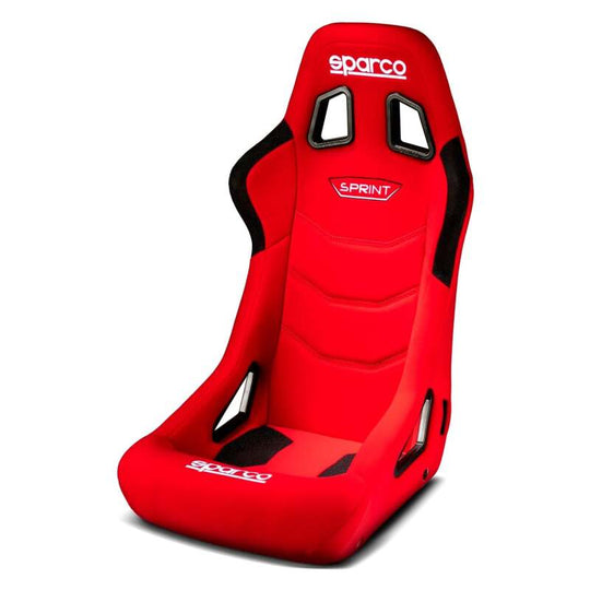 Red Sparco Sprint race seat with racing harness slots and supportive side bolsters, designed for high-performance driving.