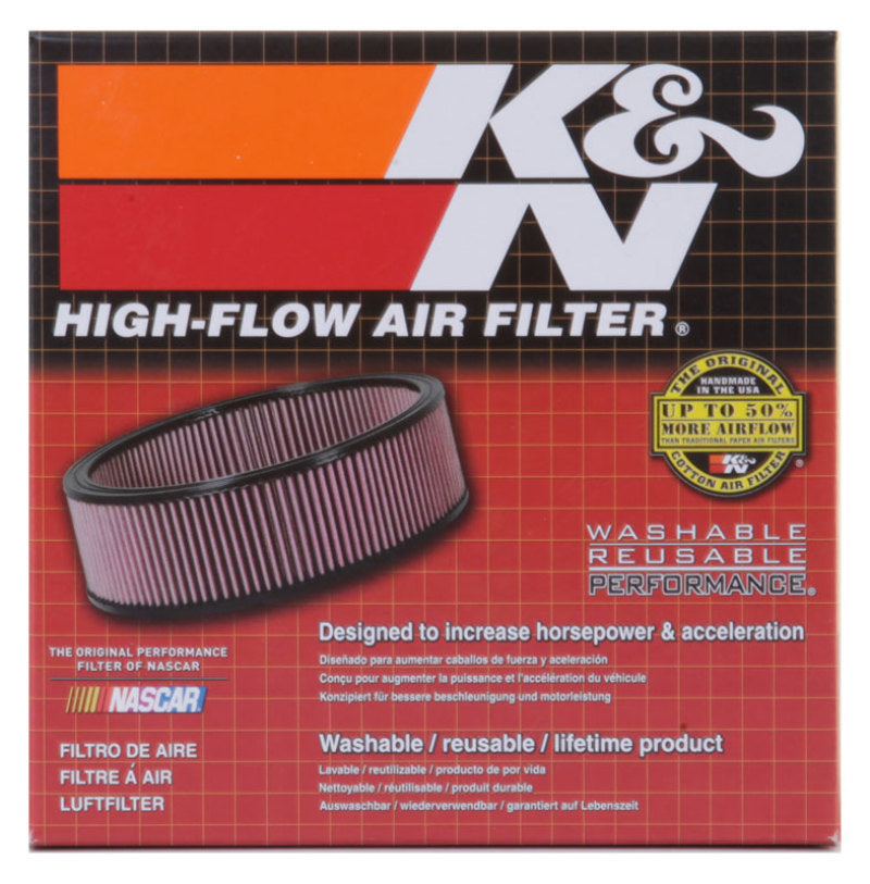 K&N Engineering round custom air filter with 5-7/8 inch outer diameter, drop-in design, black filter material, and metal frame.
