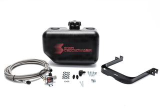 Snow Performance 2.5-gallon water tank reservoir with braided stainless steel line, bracket, solenoid, hose, and fittings.