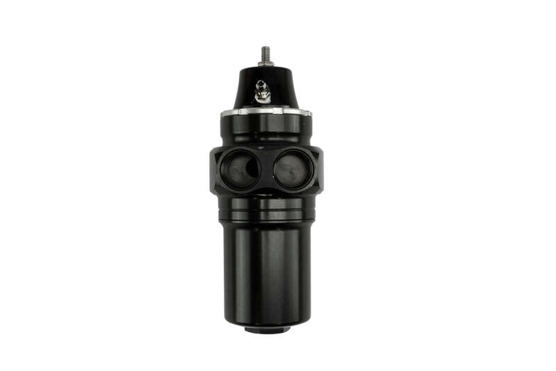 Turbosmart FPRF6 black fuel pressure regulator and filter for automotive fuel systems, shown in close-up view.