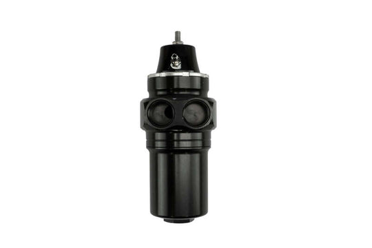 Turbosmart FPRF6 black fuel pressure regulator and filter for automotive fuel systems, shown in close-up view.