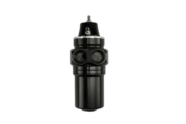 Turbosmart FPRF6 black fuel pressure regulator and filter for automotive fuel systems, shown in close-up view.