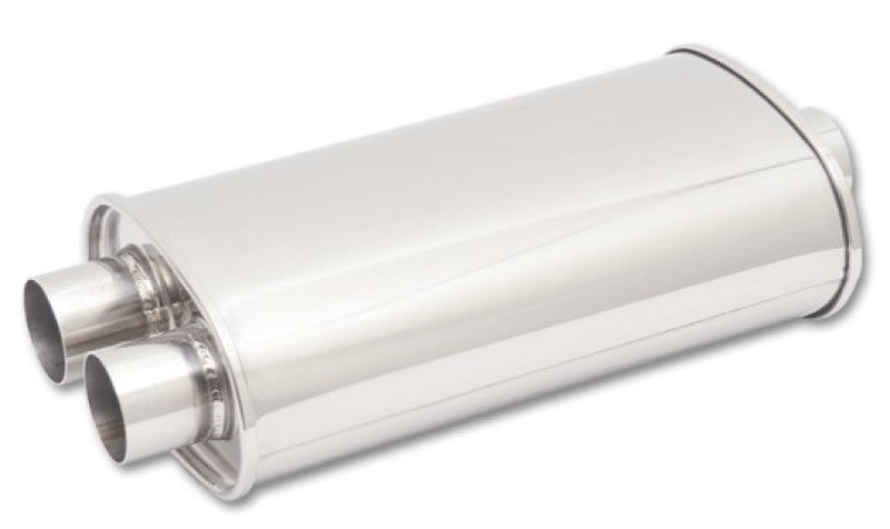 Vibrant StreetPower oval muffler with dual outlets, 5x9x15 inches, featuring a center inlet and 3-inch inlet for car exhaust systems.