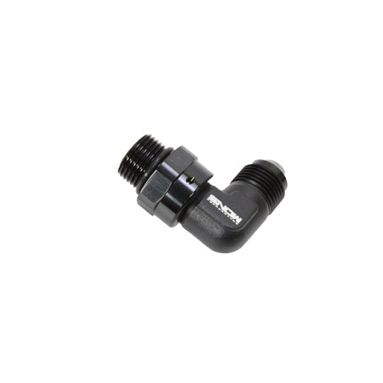 Black Snow Performance -8 ORB to -8AN 90 degree swivel fitting for fluid connections, showcasing the durable metal fitting and swivel joint.