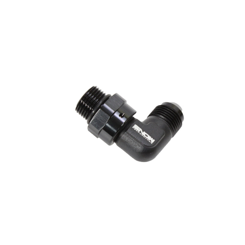 Black Snow Performance -8 ORB to -8AN 90 degree swivel fitting for fluid connections, showcasing the durable metal fitting and swivel joint.