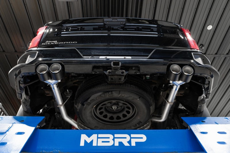 MBRP catback exhaust system for Chevy Silverado 1500 6.2L, featuring dual split rear pipes with quad carbon fiber tips, T304 steel.