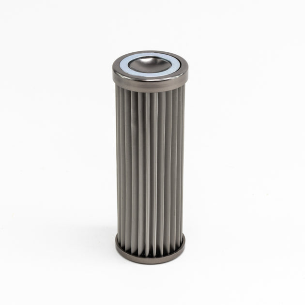 DeatschWerks stainless steel 10 micron universal fuel filter element for 160mm filter housings, shown installed in a fuel system.