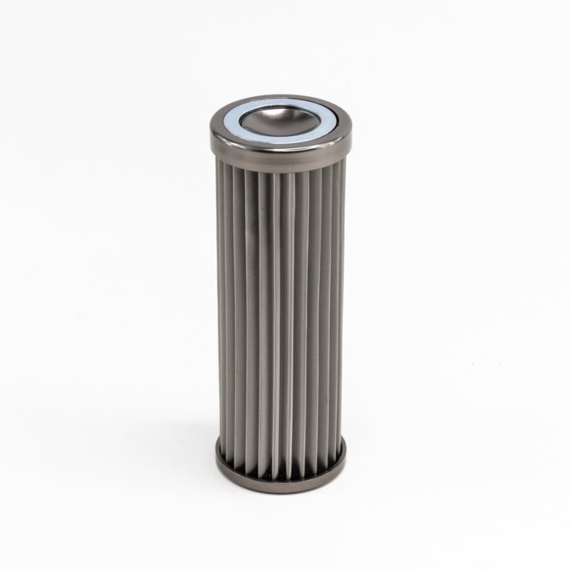 DeatschWerks stainless steel 10 micron universal fuel filter element for 160mm filter housings, shown installed in a fuel system.