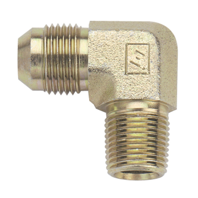 Fragola steel 3AN to 1/8 NPT 90-degree fitting adapter showing smooth steel surface and precise threading