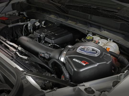 aFe Momentum GT Pro 5R Cold Air Intake System installed in a 2019 GM Silverado or Sierra 1500 V6 2.7L engine.