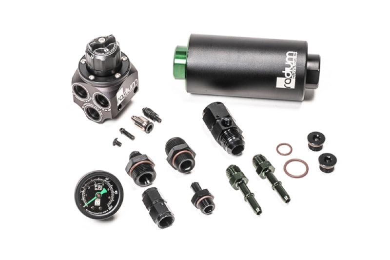 Radium Engineering fuel pressure regulator and filter kit for BMW E46 M3, with microglass filter and metal components.