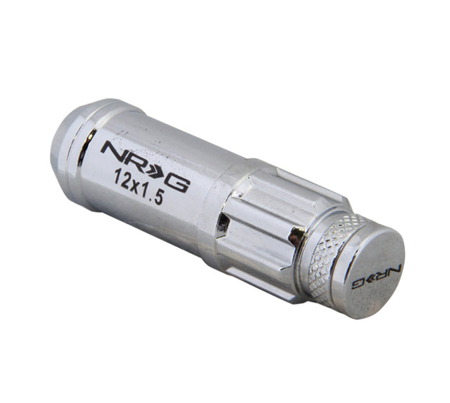 NRG 700 Series M12 x 1.5 steel lug nut set with dust cap, lock, and lock socket, silver finish, for car wheel installation.