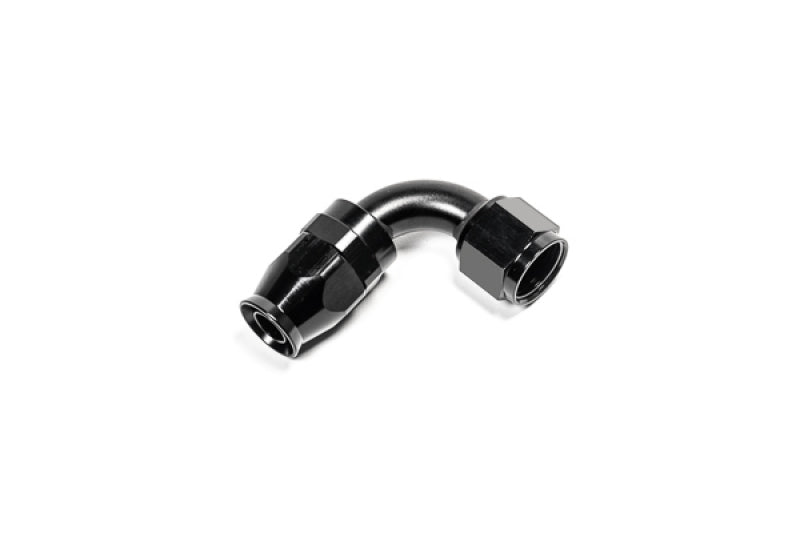 Radium Engineering 10AN black PTFE hose end fitting with 90-degree angle, designed for high-performance automotive fuel and oil systems.