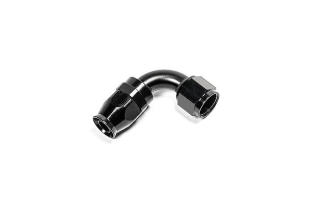 Radium Engineering 10AN black PTFE hose end fitting with 90-degree angle, designed for high-performance automotive fuel and oil systems.