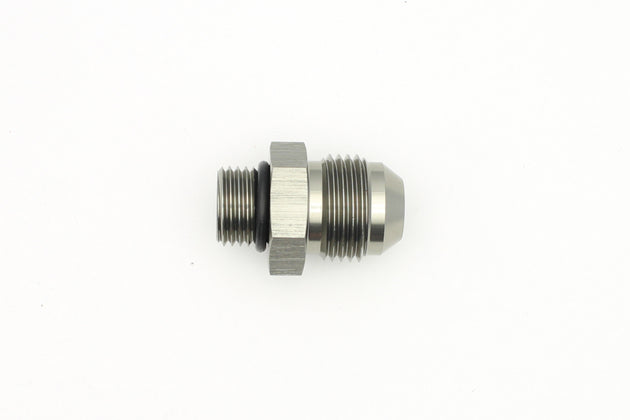 DeatschWerks 6AN ORB male to 8AN male flare adapter fitting with O-ring, used for high-performance fuel and oil connections.