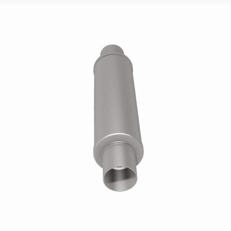 MagnaFlow Mag SS muffler with 14x4x4 inch body and 2.5x2.5 inch inlet/outlet pipes, stainless steel construction for vehicle exhaust.