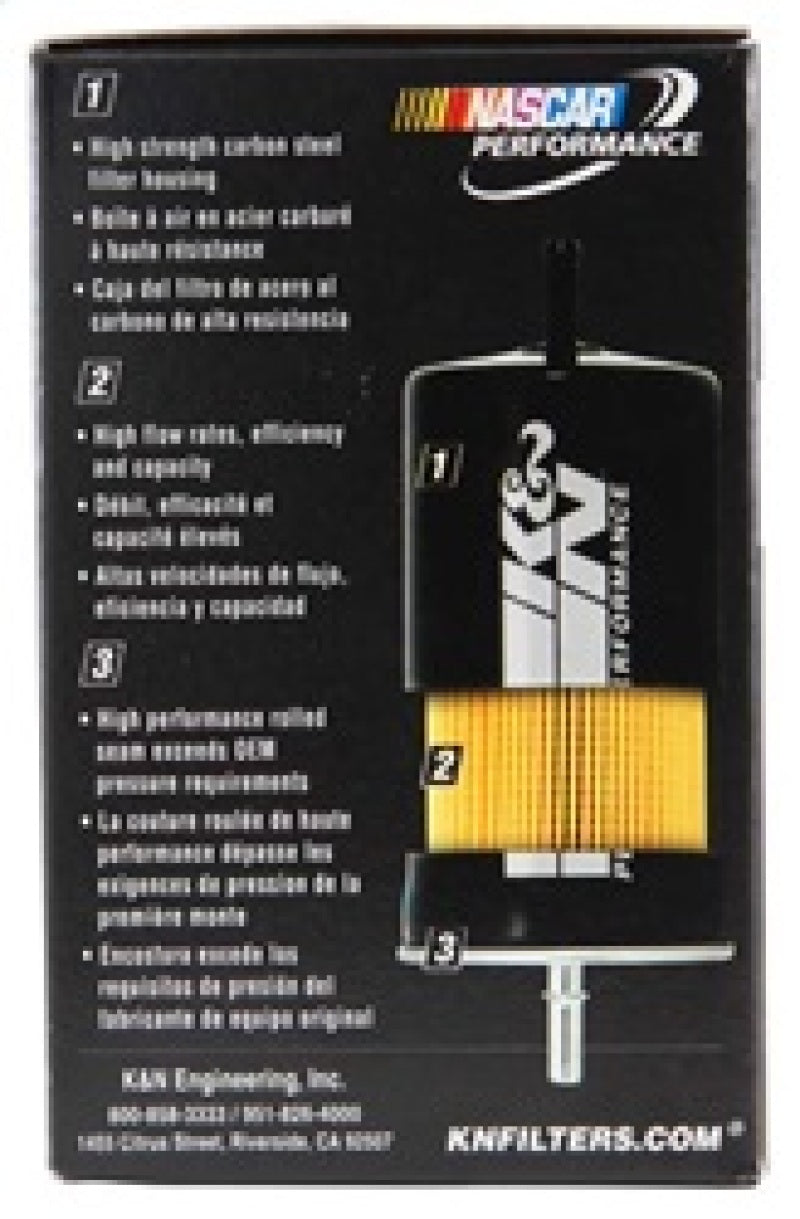 K&N Engineering cellulose media fuel filter with 2.125-inch diameter and 4.281-inch length, designed for vehicle fuel systems