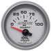 AutoMeter Ultra-Lite II 52mm electrical oil pressure gauge showing 0-100 PSI with a black dial and chrome bezel.