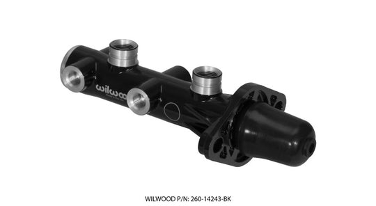 Wilwood tandem remote brake master cylinder with 1-inch bore in black, showing the compact design and mounting ports.