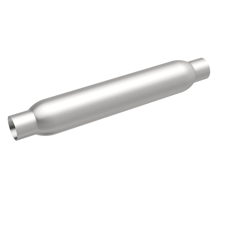 MagnaFlow muffler with 3.5-inch diameter and 18-inch length, featuring dual 2.25-inch inlet and outlet pipes on a vehicle exhaust system.