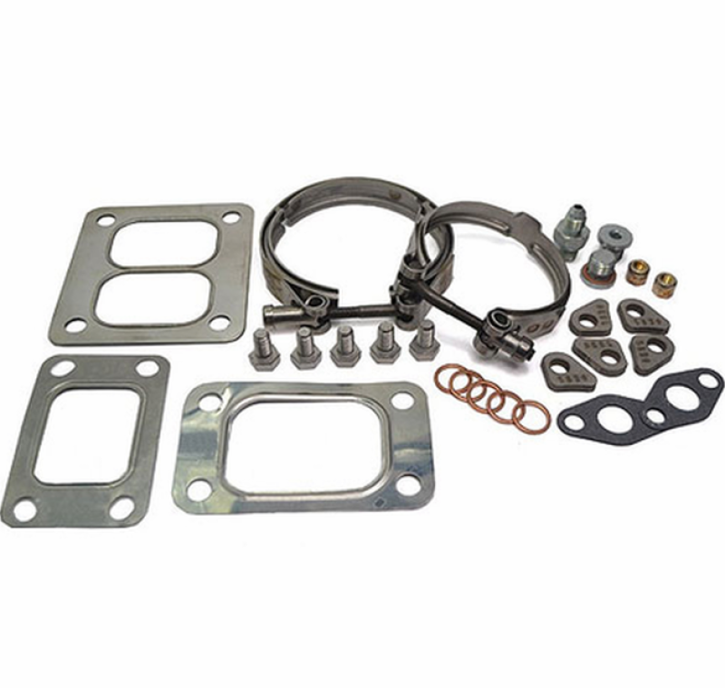 BorgWarner EFR hardware and installation kit with various metal brackets and fasteners for turbocharger setup.