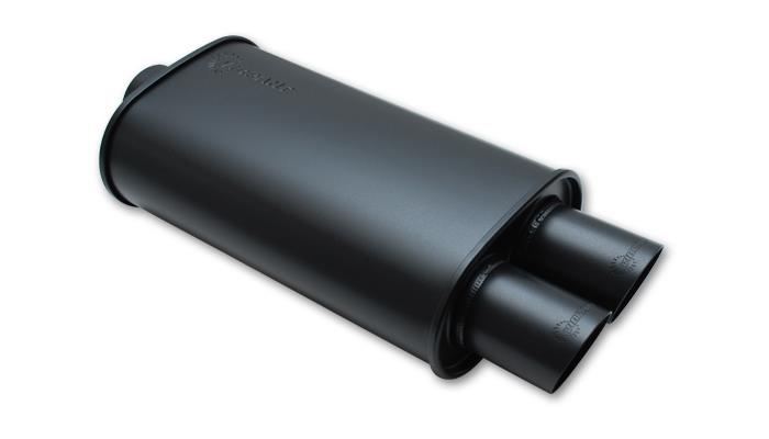 Vibrant StreetPower flat black oval muffler with dual 3-inch outlets and 3-inch inlet, showcasing its sleek design and dual exhaust outlets.