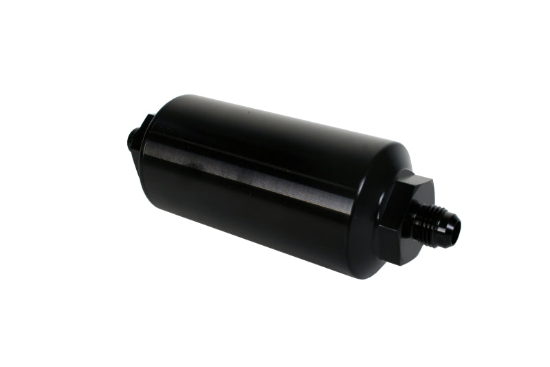 Aeromotive in-line fuel filter with AN-6 male fitting, 10 micron microglass element, bright dip black finish