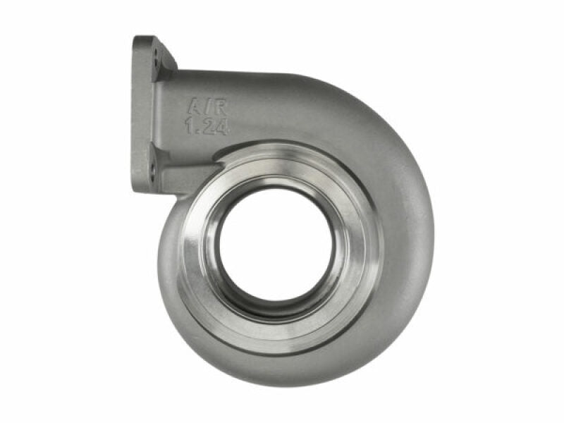 Turbosmart 75mm T4 turbine housing C-frame with 1.24AR for high-performance turbochargers, showing the polished metal exterior.