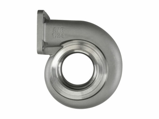 Turbosmart 75mm T4 turbine housing C-frame with 1.24AR for high-performance turbochargers, showing the polished metal exterior.