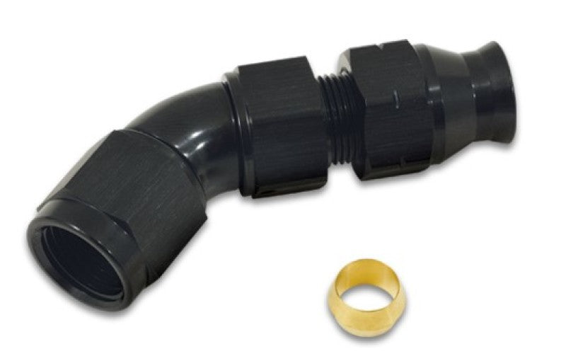 Vibrant 45-degree 1/2 inch tube to female 8AN adapter fitting, shown with metallic finish and precise threading.