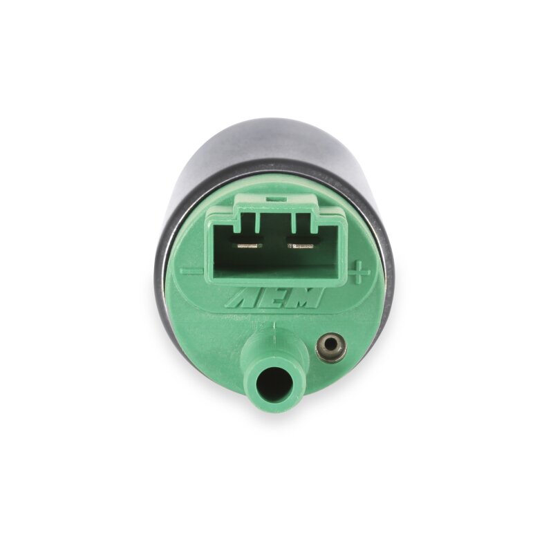 AEM 400 LPH E85 compatible fuel pump kit with single barb fitting, designed for ethanol fuel applications.