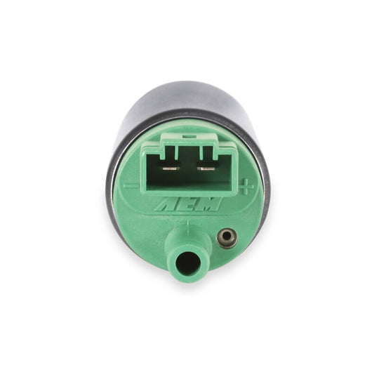 AEM 400 LPH E85 compatible fuel pump kit with single barb fitting, designed for ethanol fuel applications.