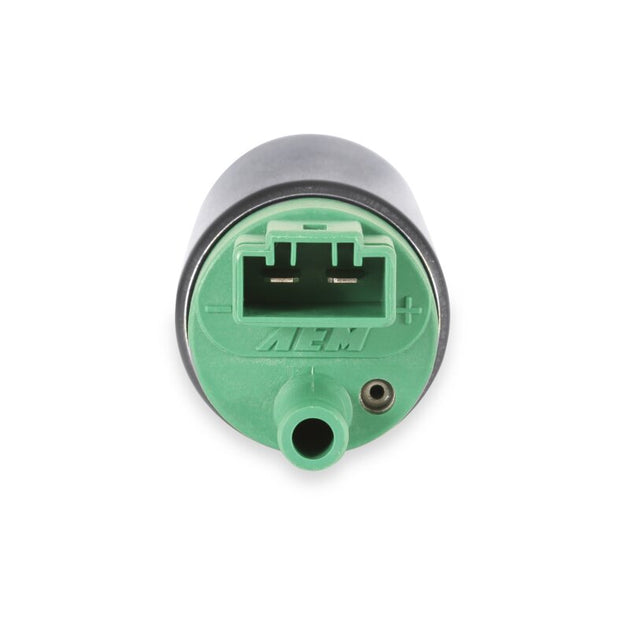AEM 400 LPH E85 compatible fuel pump kit with single barb fitting, designed for ethanol fuel applications.