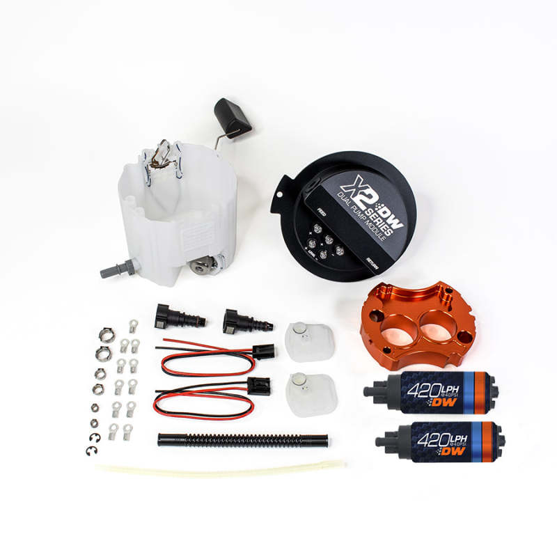 DeatschWerks X2 Series fuel pump module with two DW420 fuel pumps for 2010-2015 Camaro LS V6 engine.