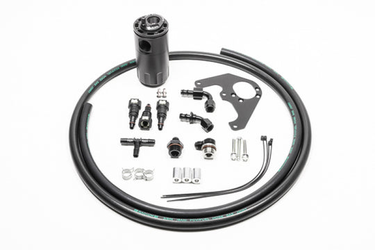 Radium Engineering oil catch can kit for 2009-2015 Cadillac CTS-V LSA with fluid lock, featuring black aluminum construction and hoses