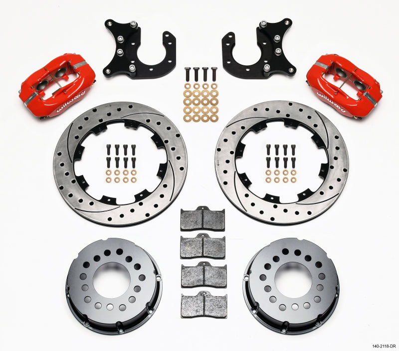 Wilwood Forged Dynalite P/S rear big brake kit with drilled rotors, red finish, designed for Ford with 2.50-inch offset.