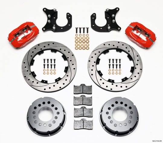 Wilwood Forged Dynalite P/S rear big brake kit with drilled rotors, red finish, designed for Ford with 2.50-inch offset.