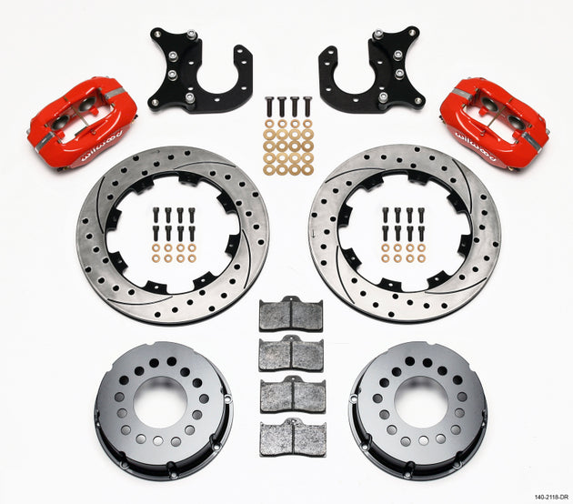 Wilwood Forged Dynalite P/S rear big brake kit with drilled rotors, red finish, designed for Ford with 2.50-inch offset.